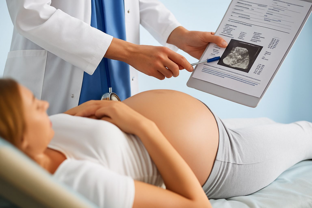 Pregnant Woman Consults Doctor In Serene Examination Room.png