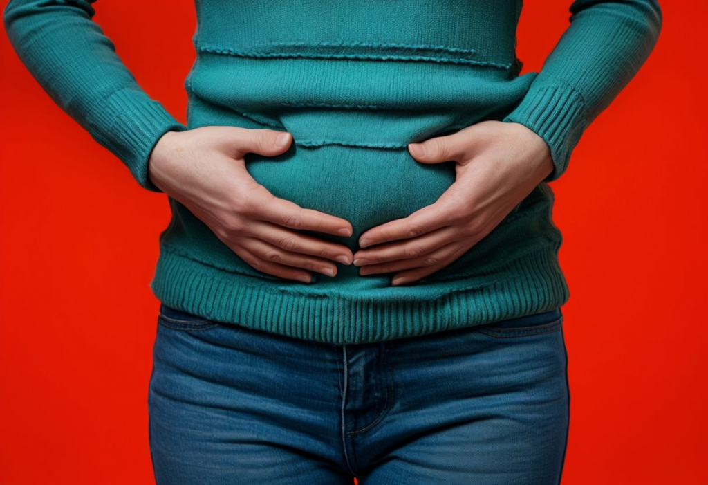 Person In Teal Sweater And Blue Jeans Showing Discomfort.png