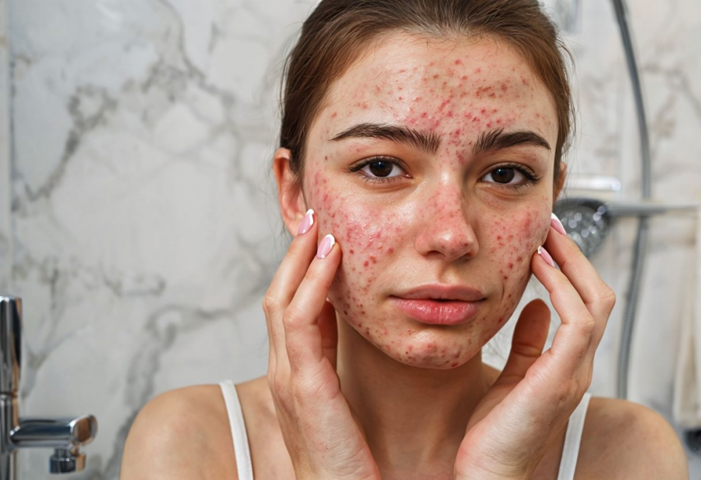 Young Woman With Acne Touching Her Face In Natural Light.png