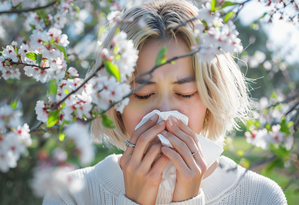 Person With Blonde Hair Blowing Into Tissue Surrounded By Blossoms.png
