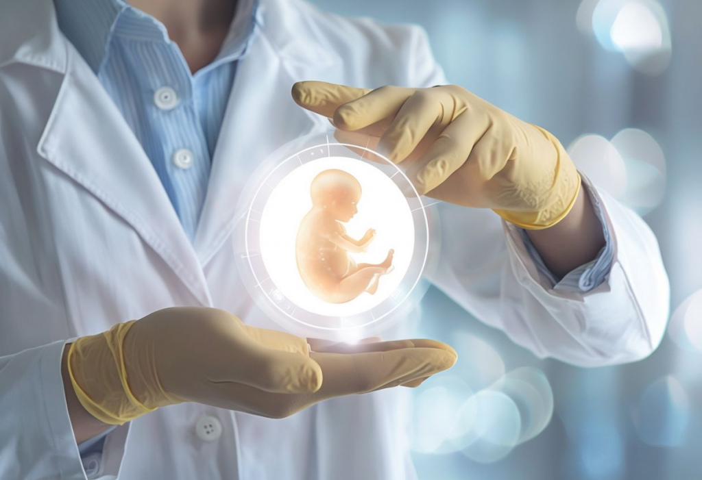 Healthcare Professional Wearing Lab Coat With Holographic Fetus Icon.png