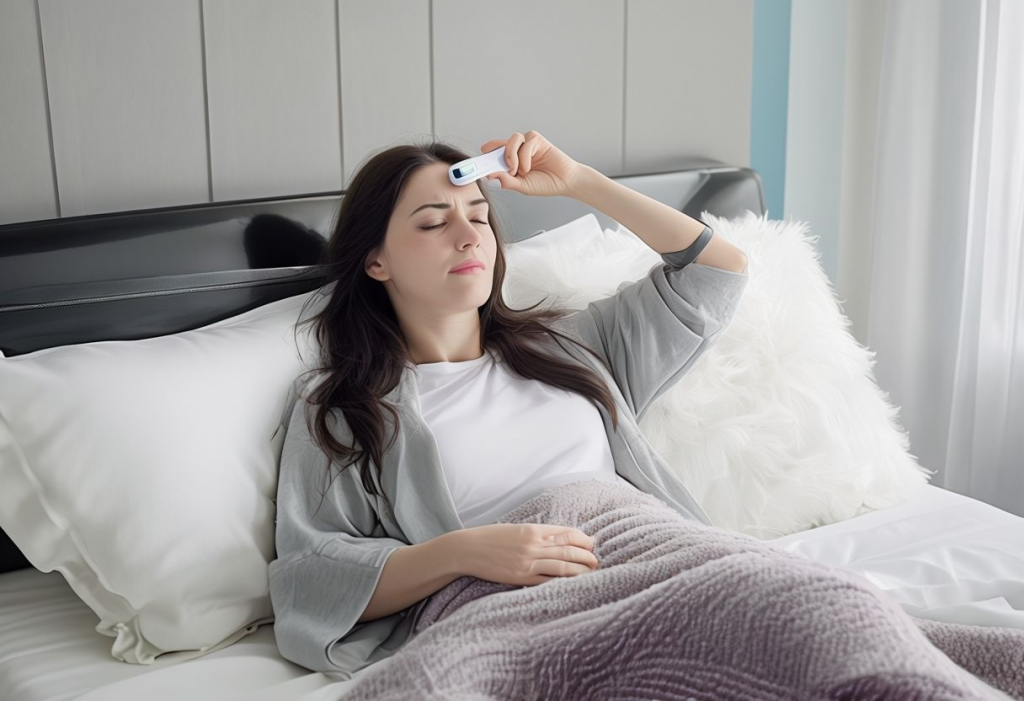 Woman Lying Sick In Bed With Thermometer And Soft Lighting.png