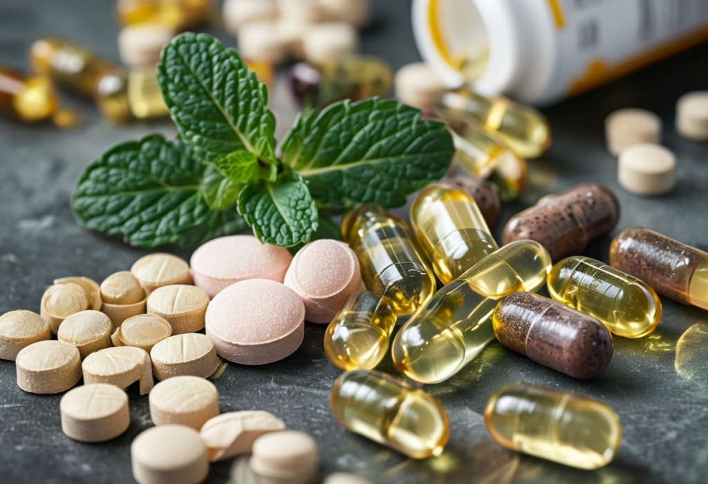 Assorted Dietary Supplements With Fresh Mint On Textured Surface.png