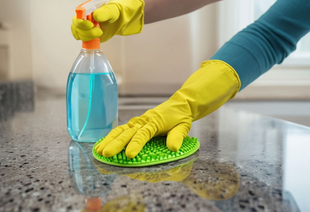 A Person Cleans A Granite Countertop With Bright Gloves.png